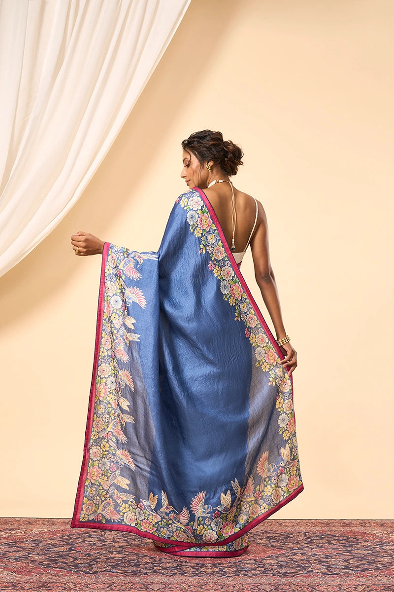 Blue Tussar Silk Saree Featuring Artistic Print with Thread and Mirror Work