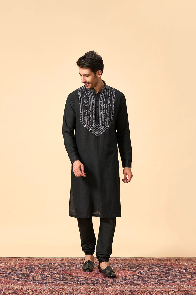 Resham Embroidered Black Matka Silk kurta