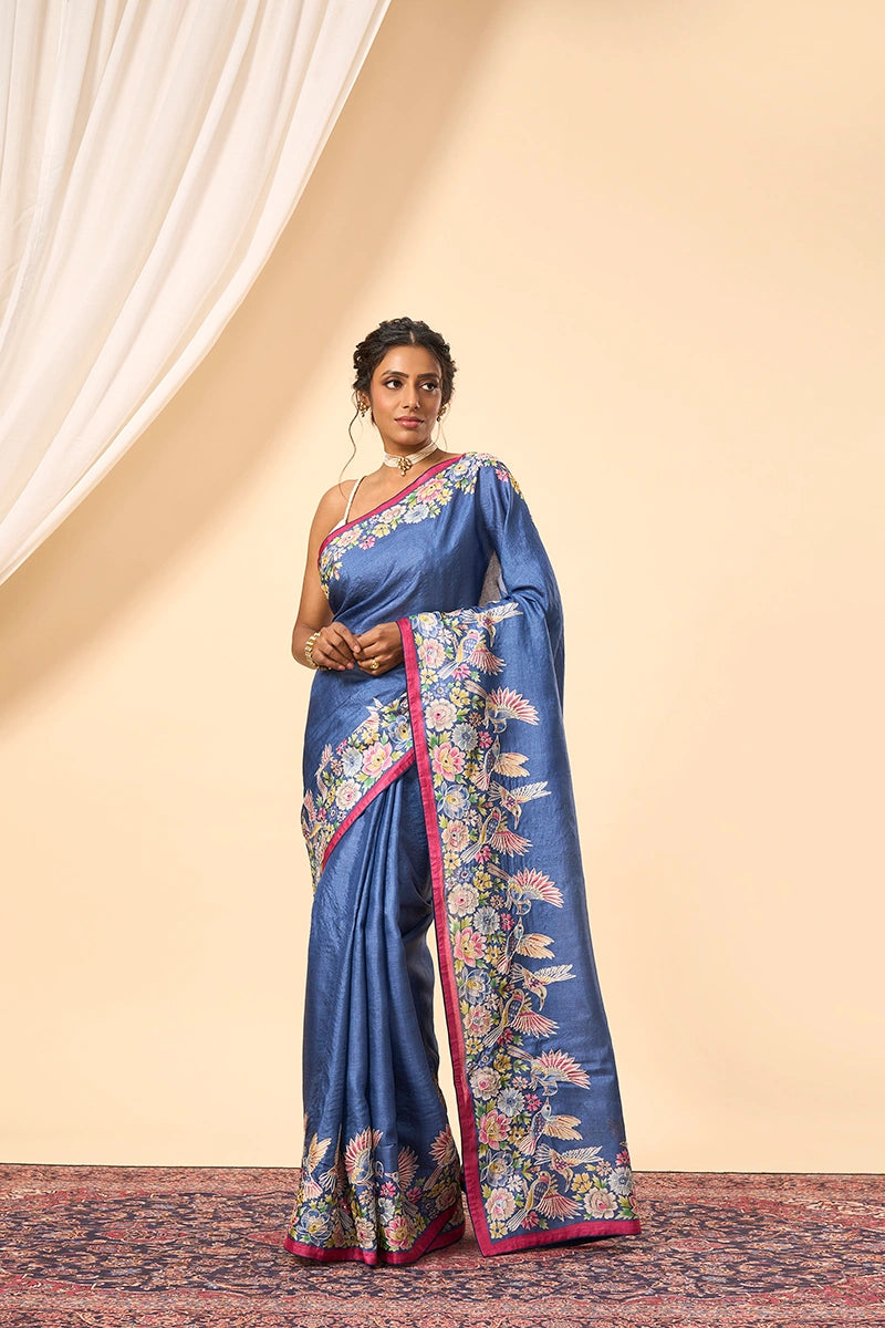 Blue Tussar Silk Saree Featuring Artistic Print with Thread and Mirror Work