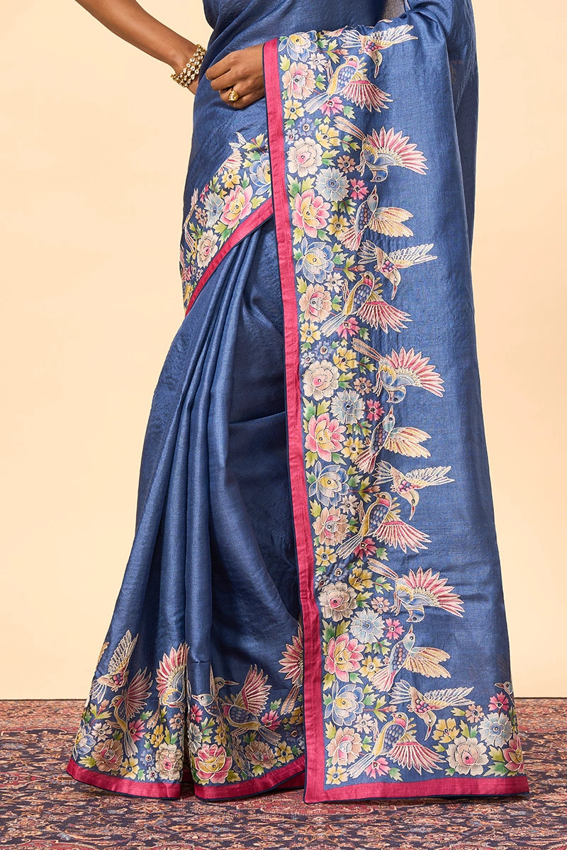 Blue Tussar Silk Saree Featuring Artistic Print with Thread and Mirror Work