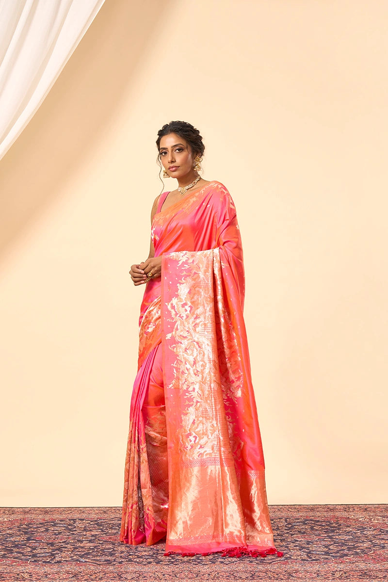 Pink–Orange Blend Banarasi Silk Saree with Intricate Silver–Gold Zari Weave