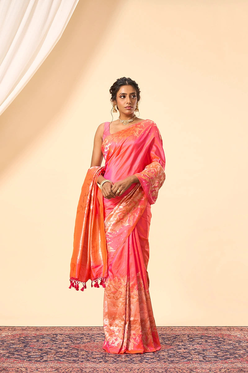 Pink–Orange Blend Banarasi Silk Saree with Intricate Silver–Gold Zari Weave