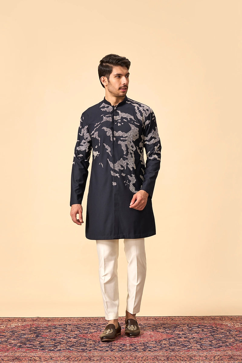 Blue Resham Embroidered Terywool Kurta Set