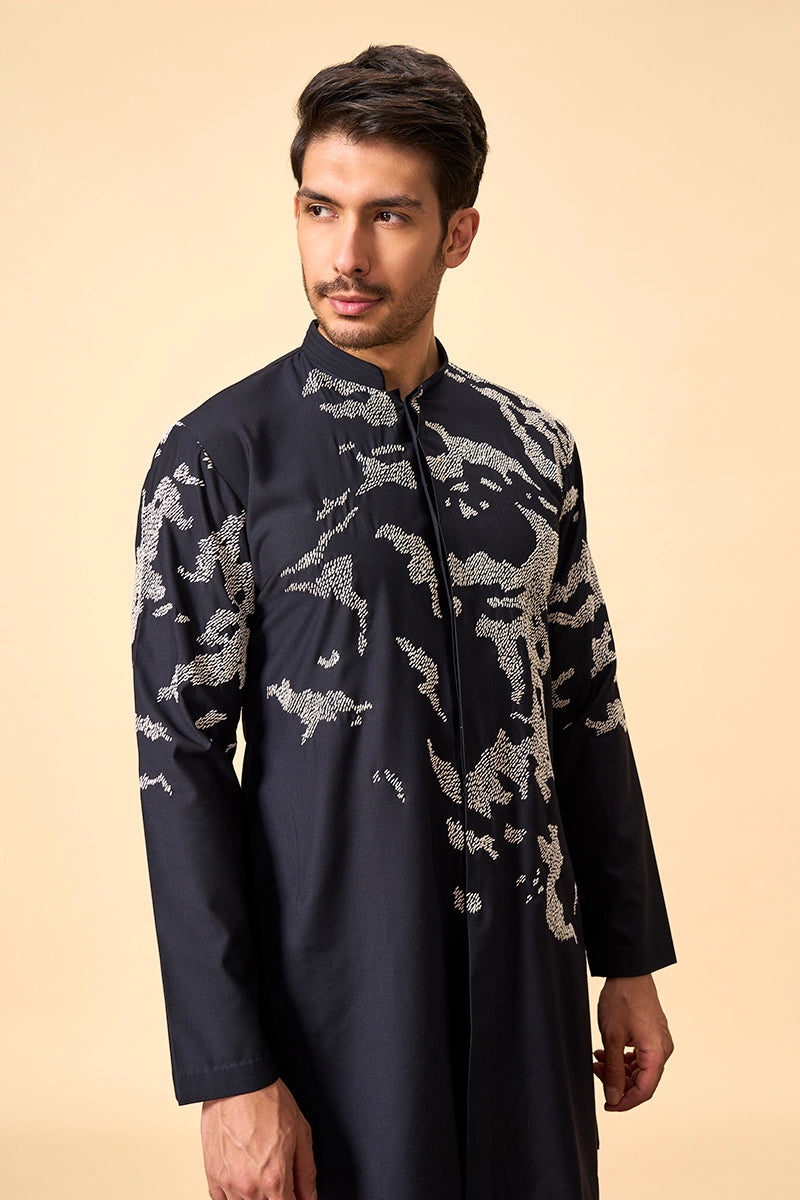 Blue Resham Embroidered Terywool Kurta Set