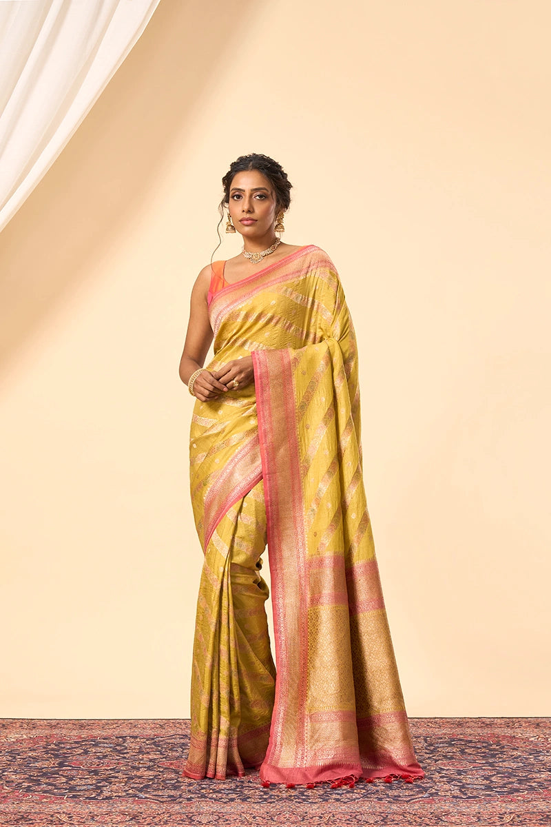 Handcrafted yellow gold Tussar Silk Saree