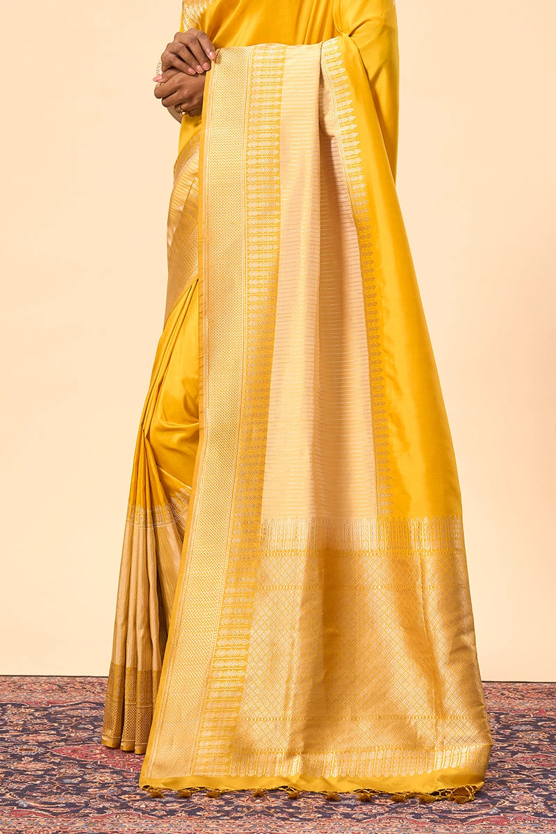 Classic Yellow Banarasi Katan Silk Saree with Traditional Gold Zari Work