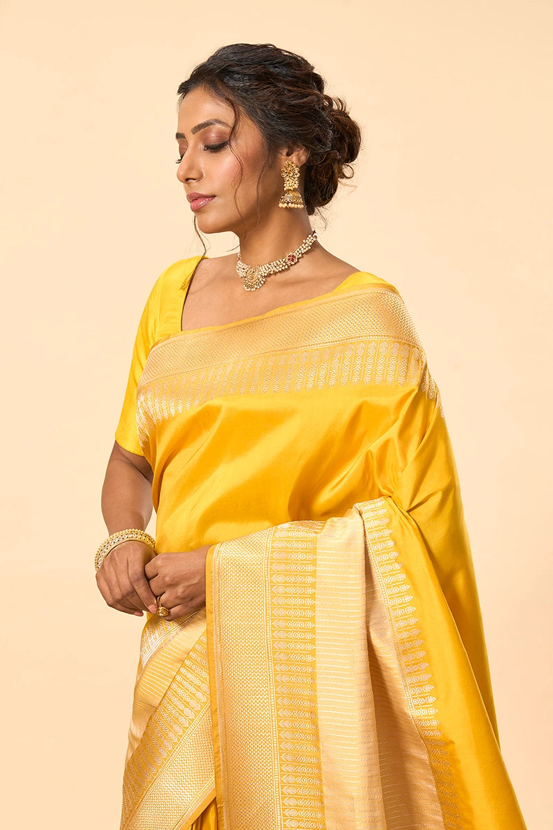 Classic Yellow Banarasi Katan Silk Saree with Traditional Gold Zari Work