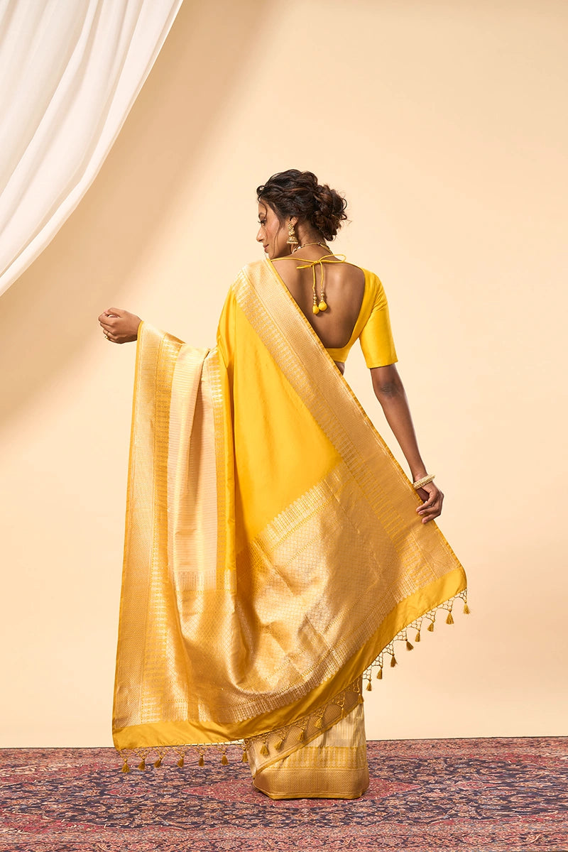 Classic Yellow Banarasi Katan Silk Saree with Traditional Gold Zari Work