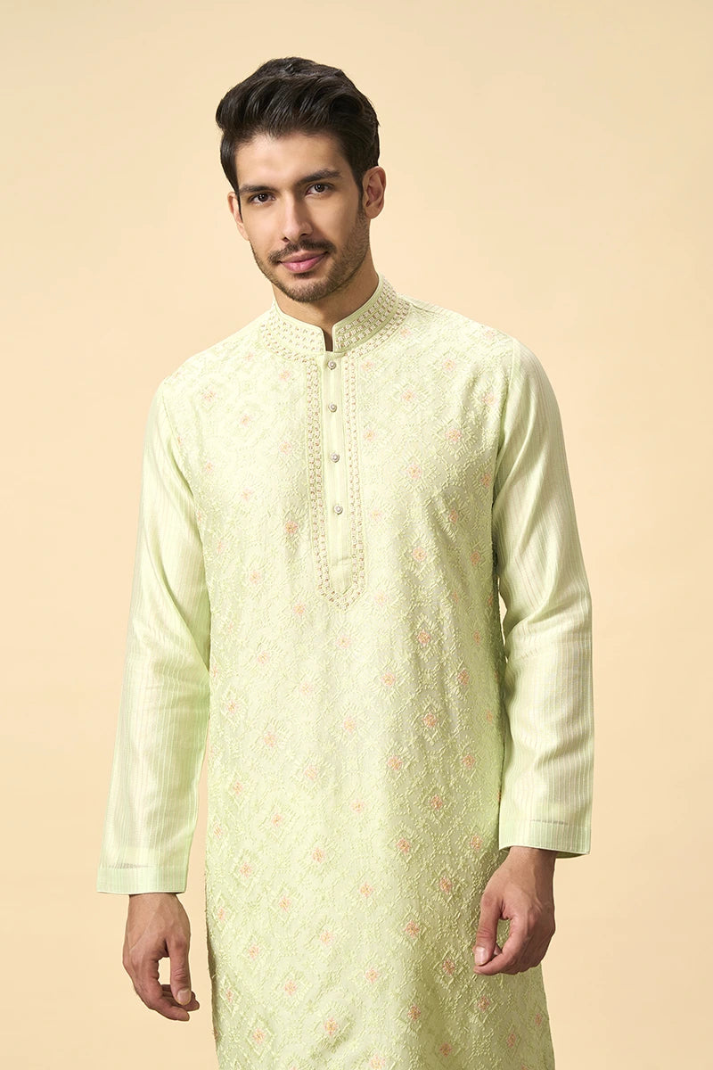 Pista Green Resham & Zari Embroidered Chanderi Kurta Set