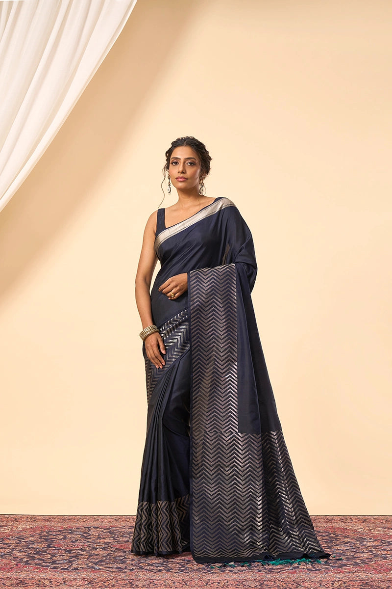 Blue Traditional South Silk Saree with Contemporary Zigzag Zari Design