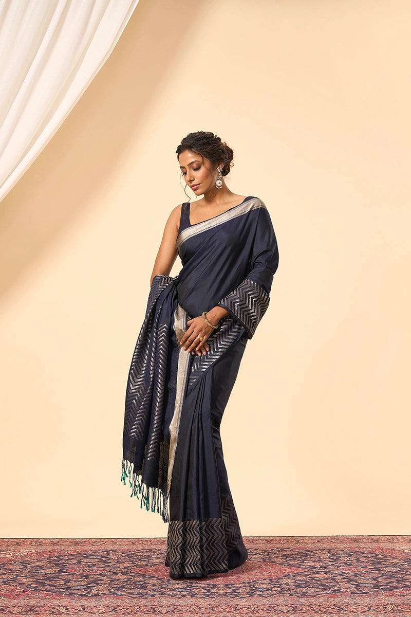 Blue Traditional South Silk Saree with Contemporary Zigzag Zari Design