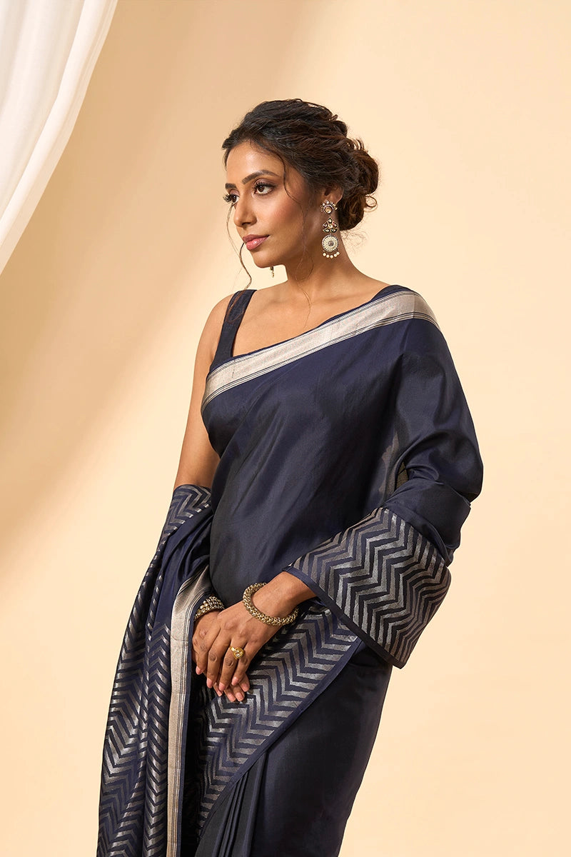 Blue Traditional South Silk Saree with Contemporary Zigzag Zari Design