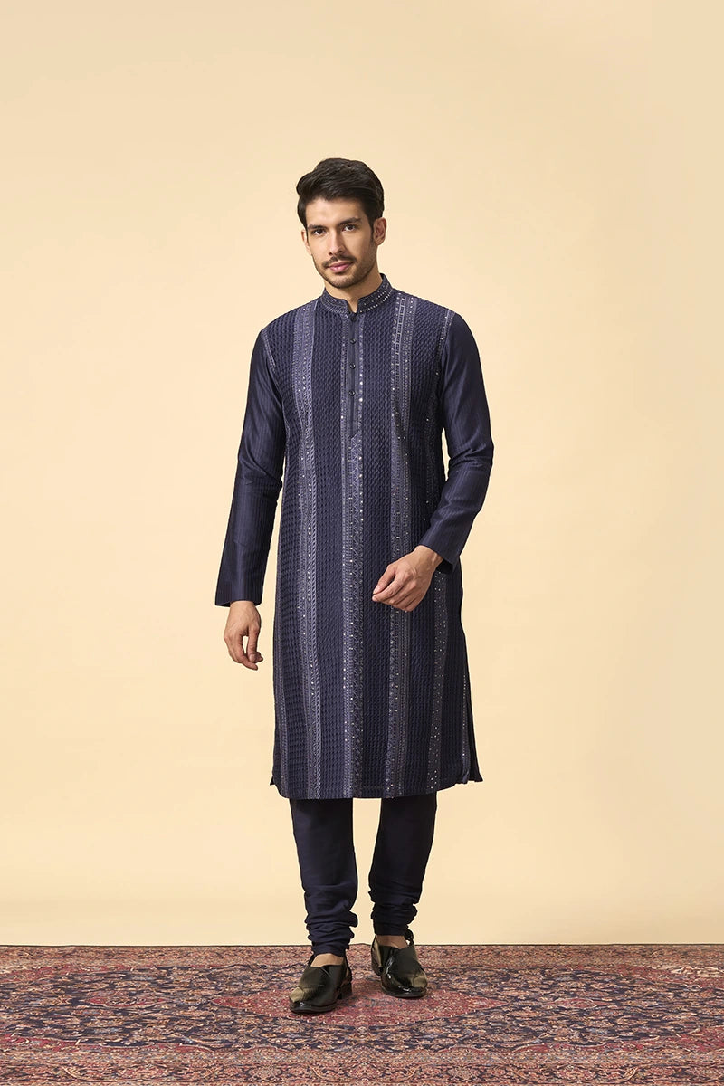Blue Resham & Tikki Work Chanderi Silk Kurta Set