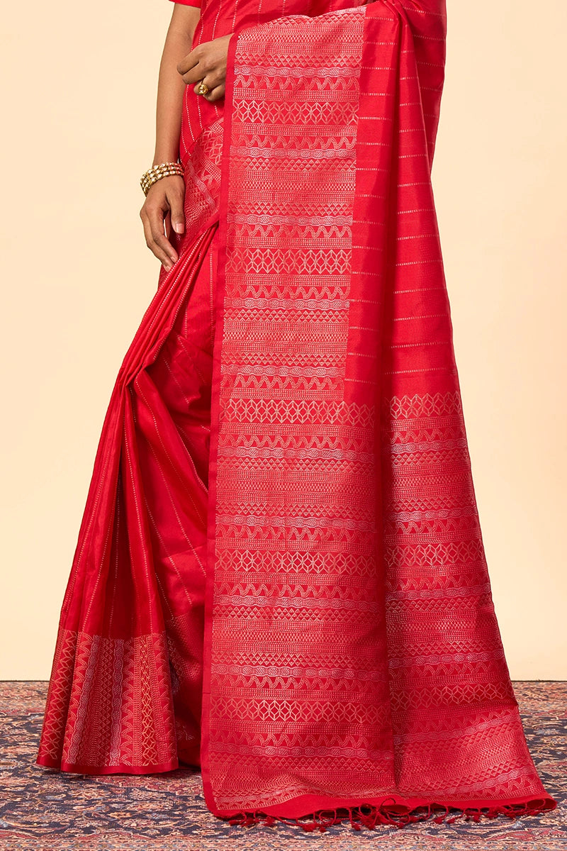 Handwoven Red South Silk Saree with Intricate Silver & Gold Zari