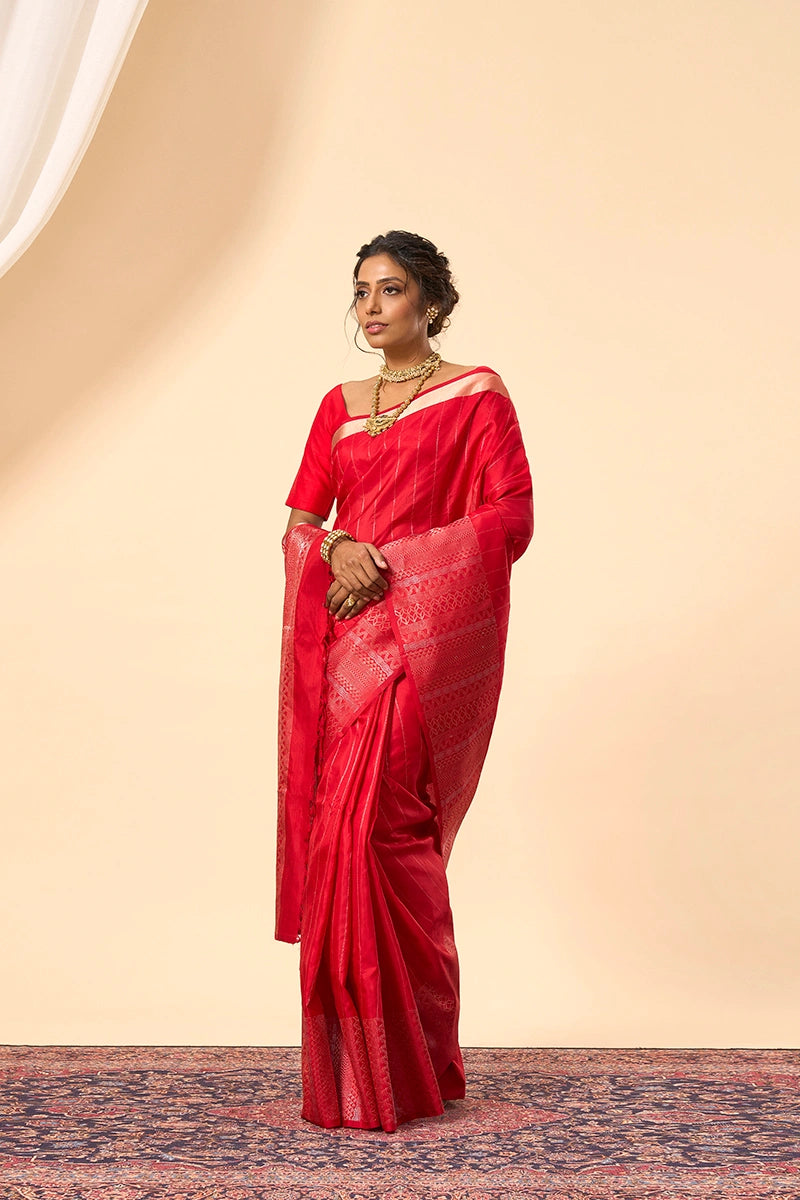 Handwoven Red South Silk Saree with Intricate Silver & Gold Zari