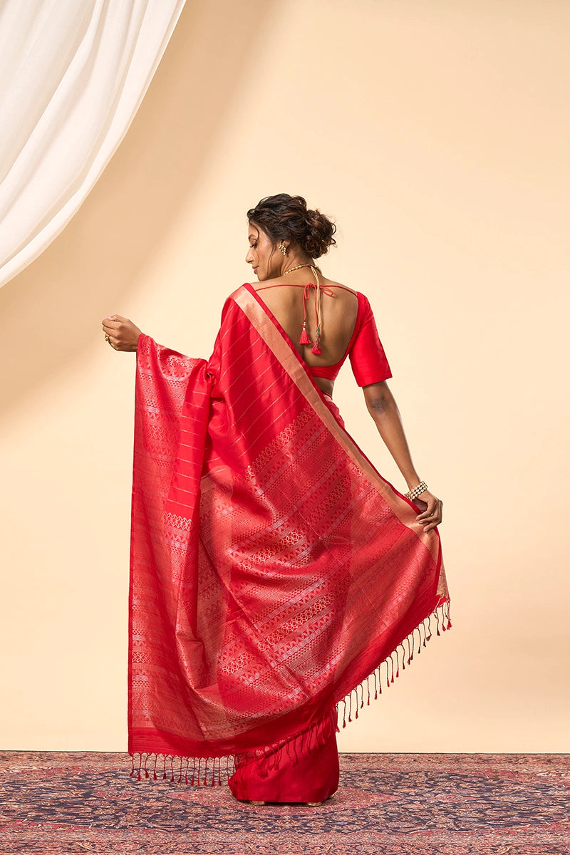 Handwoven Red South Silk Saree with Intricate Silver & Gold Zari