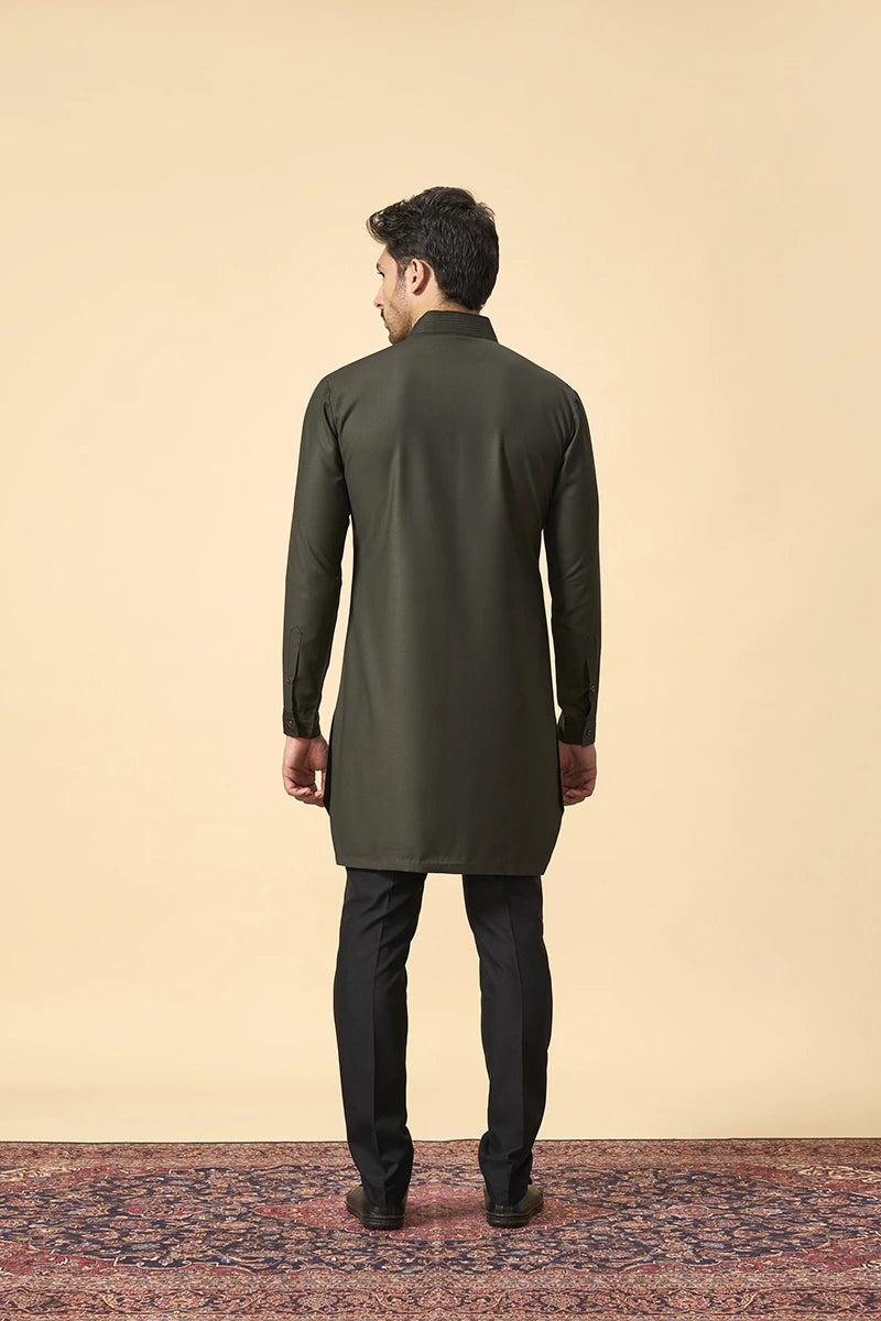 Classic Olive Terry Wool Kurta with Pin-Tuck Detailing