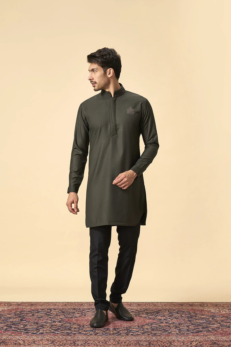 Classic Olive Terry Wool Kurta with Pin-Tuck Detailing