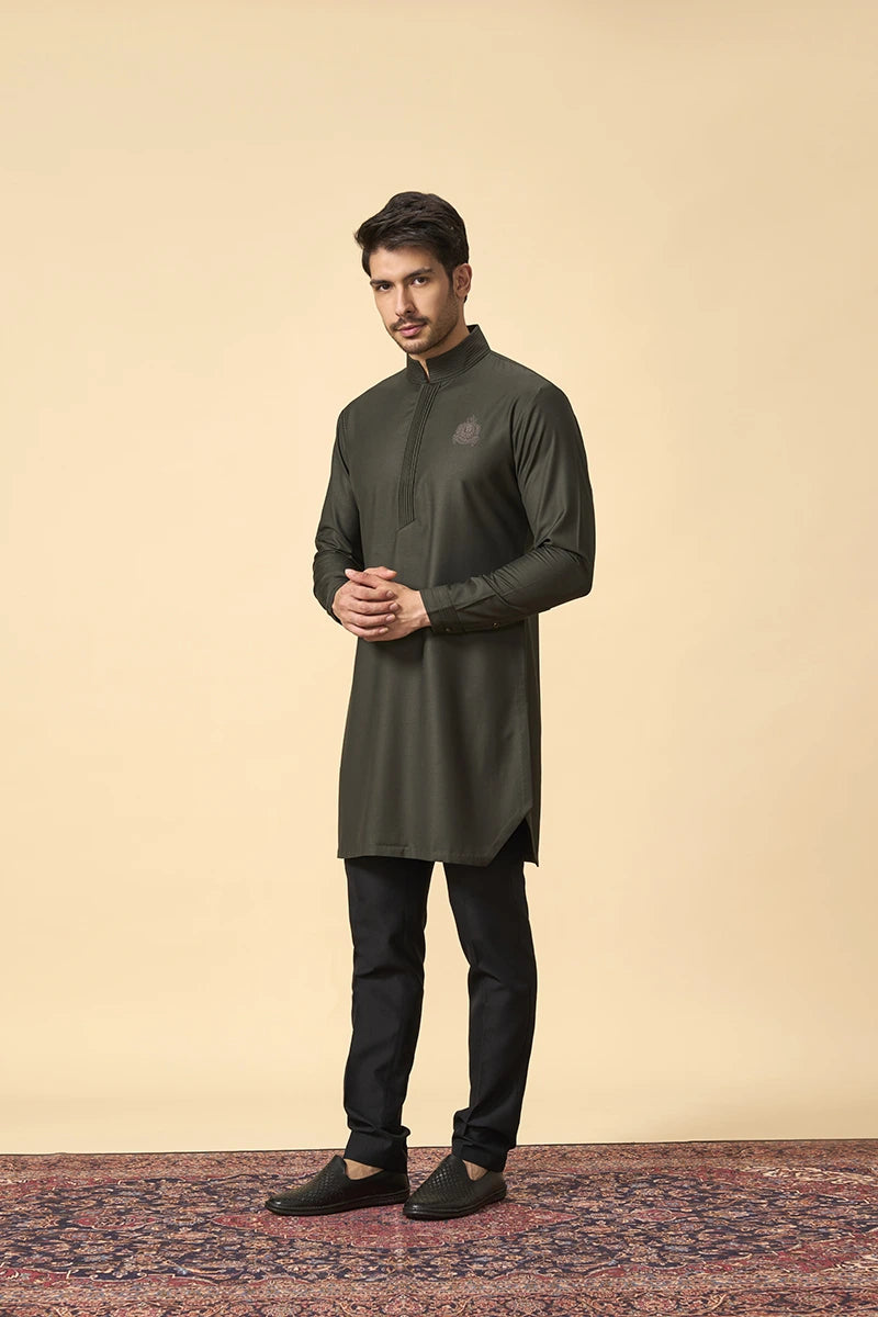 Classic Olive Terry Wool Kurta with Pin-Tuck Detailing