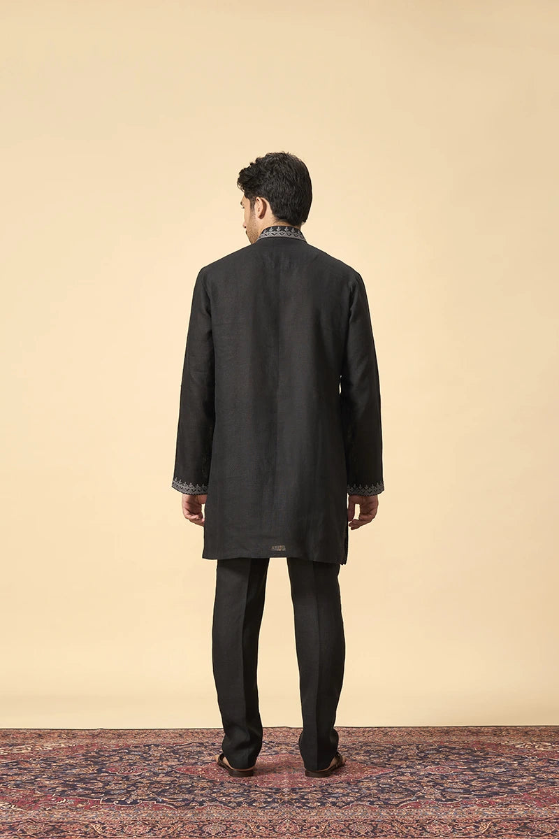 Black Linen Kurta with Intricate Thread Work