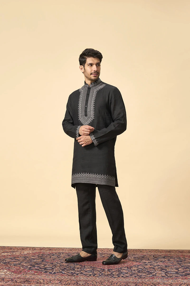 Black Linen Kurta with Intricate Thread Work