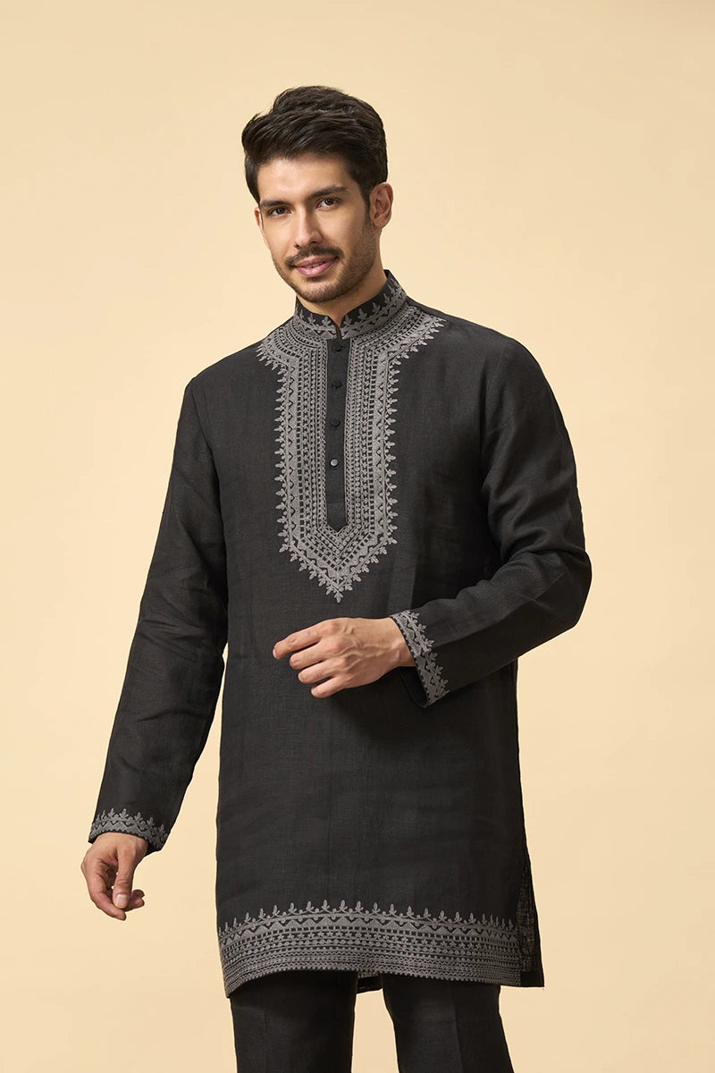 Black Linen Kurta with Intricate Thread Work