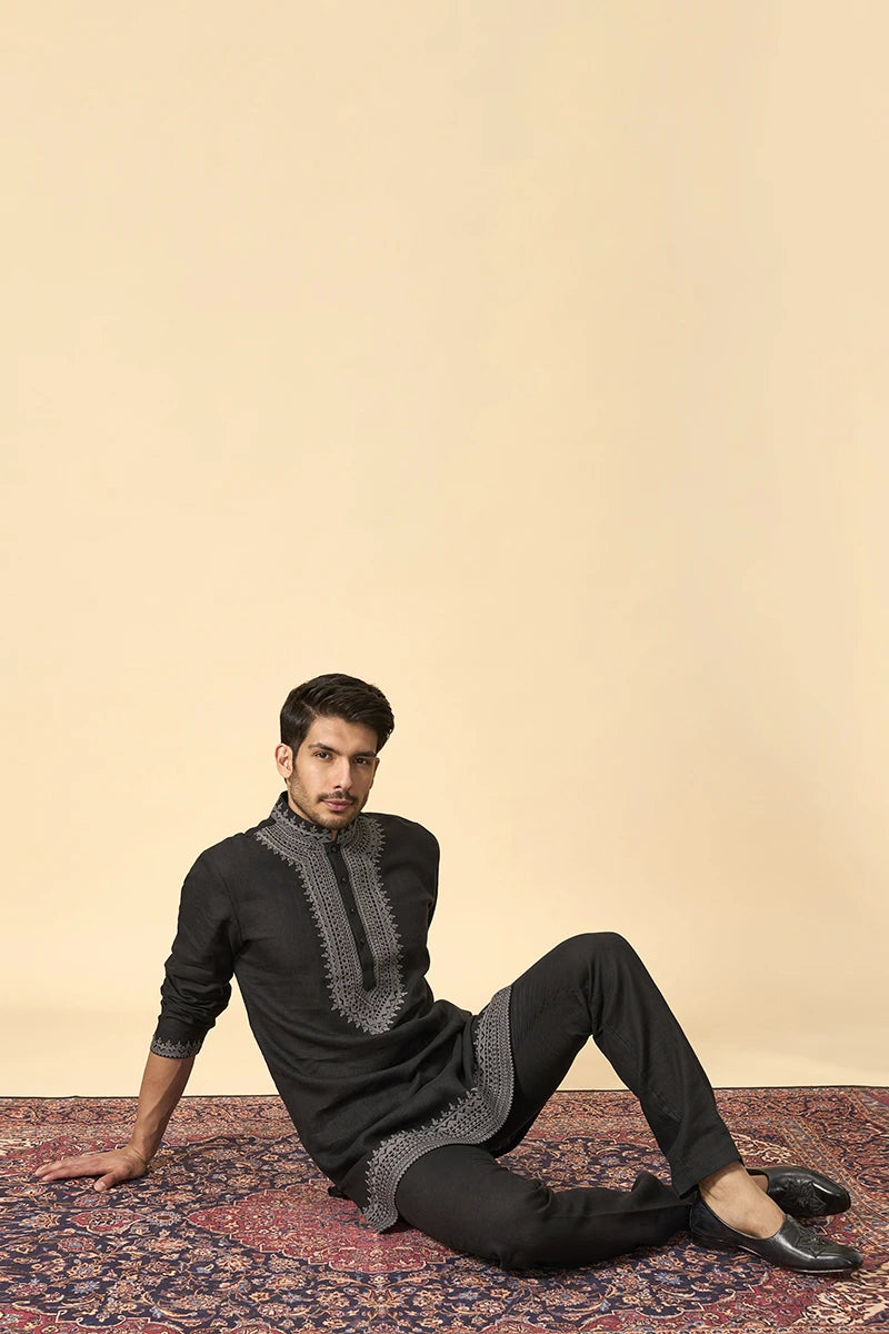 Black Linen Kurta with Intricate Thread Work