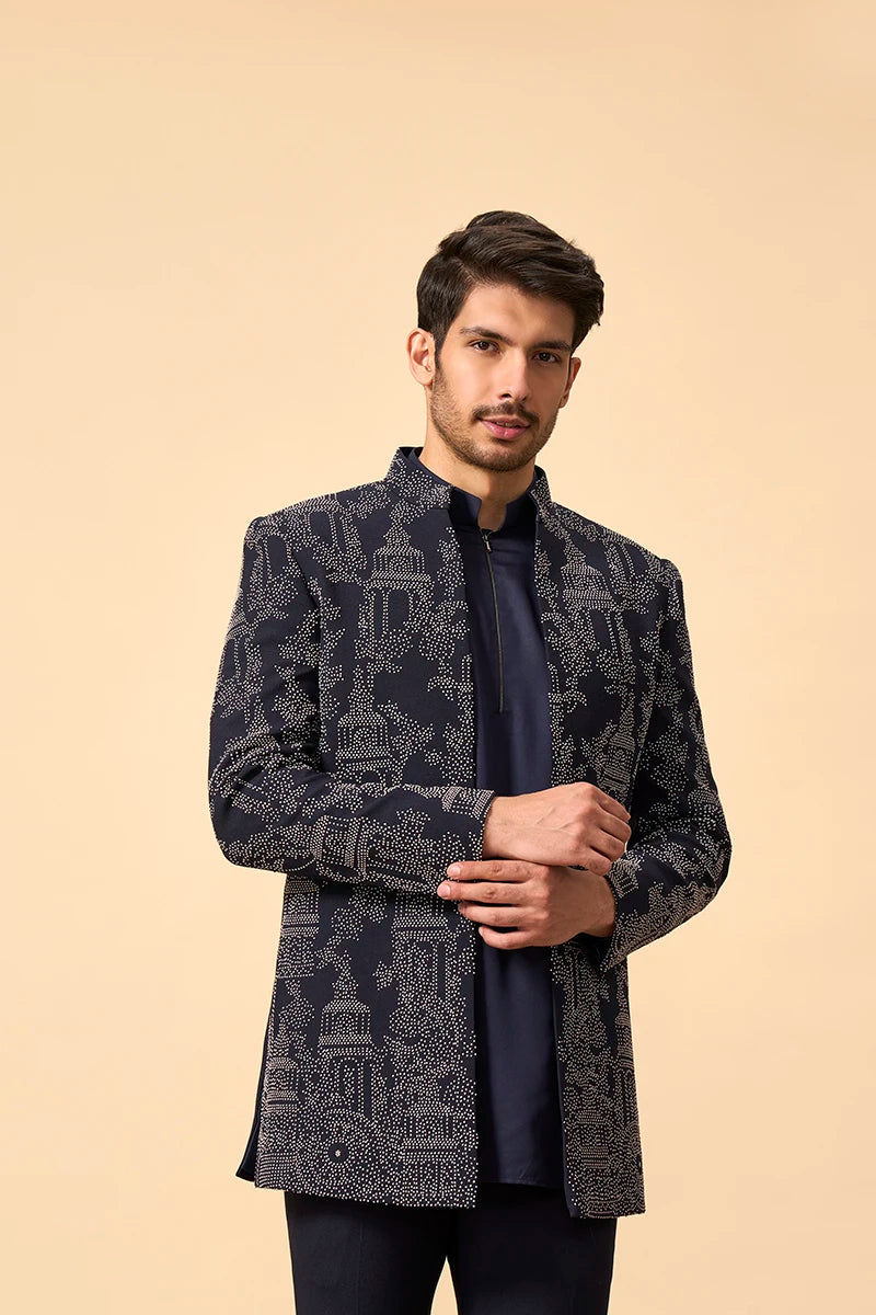 Blue French Knot Embroidered indo western set