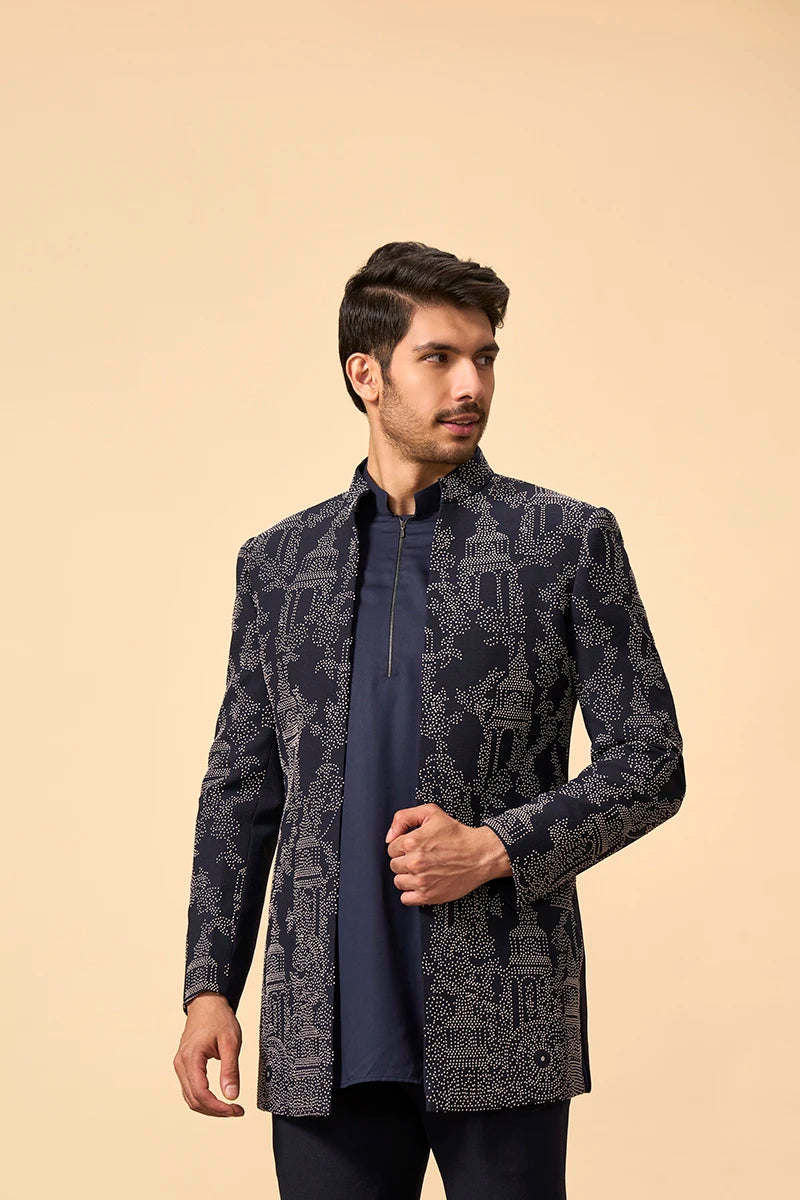 Blue French Knot Embroidered indo western set