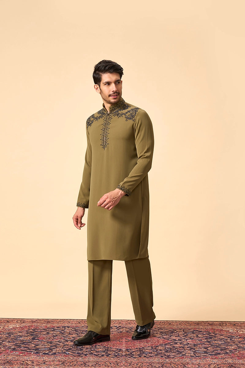 Embroidered Olive Tencel Silk Kurta set