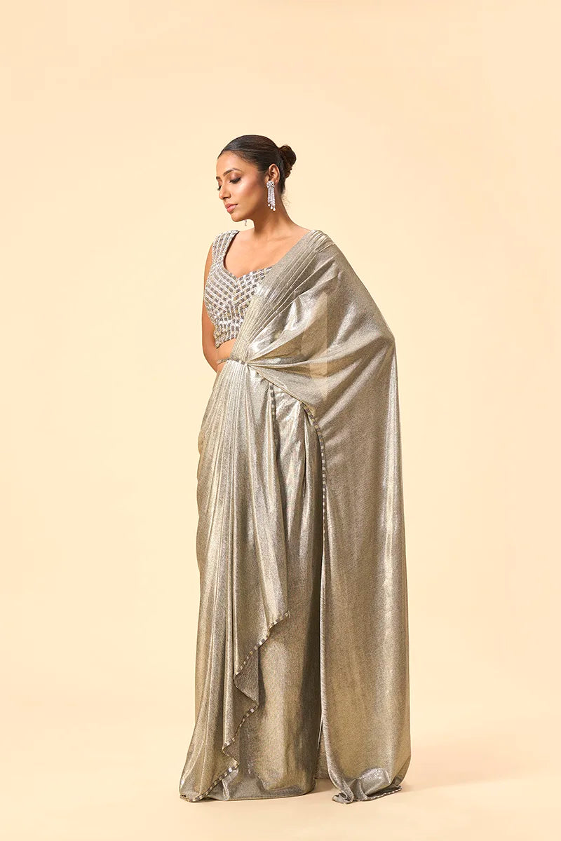 Grey metallic drape saree with embroidered blouse