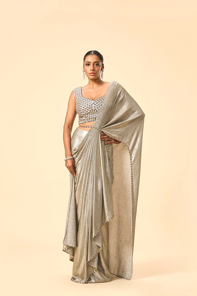 Grey metallic drape saree with embroidered blouse