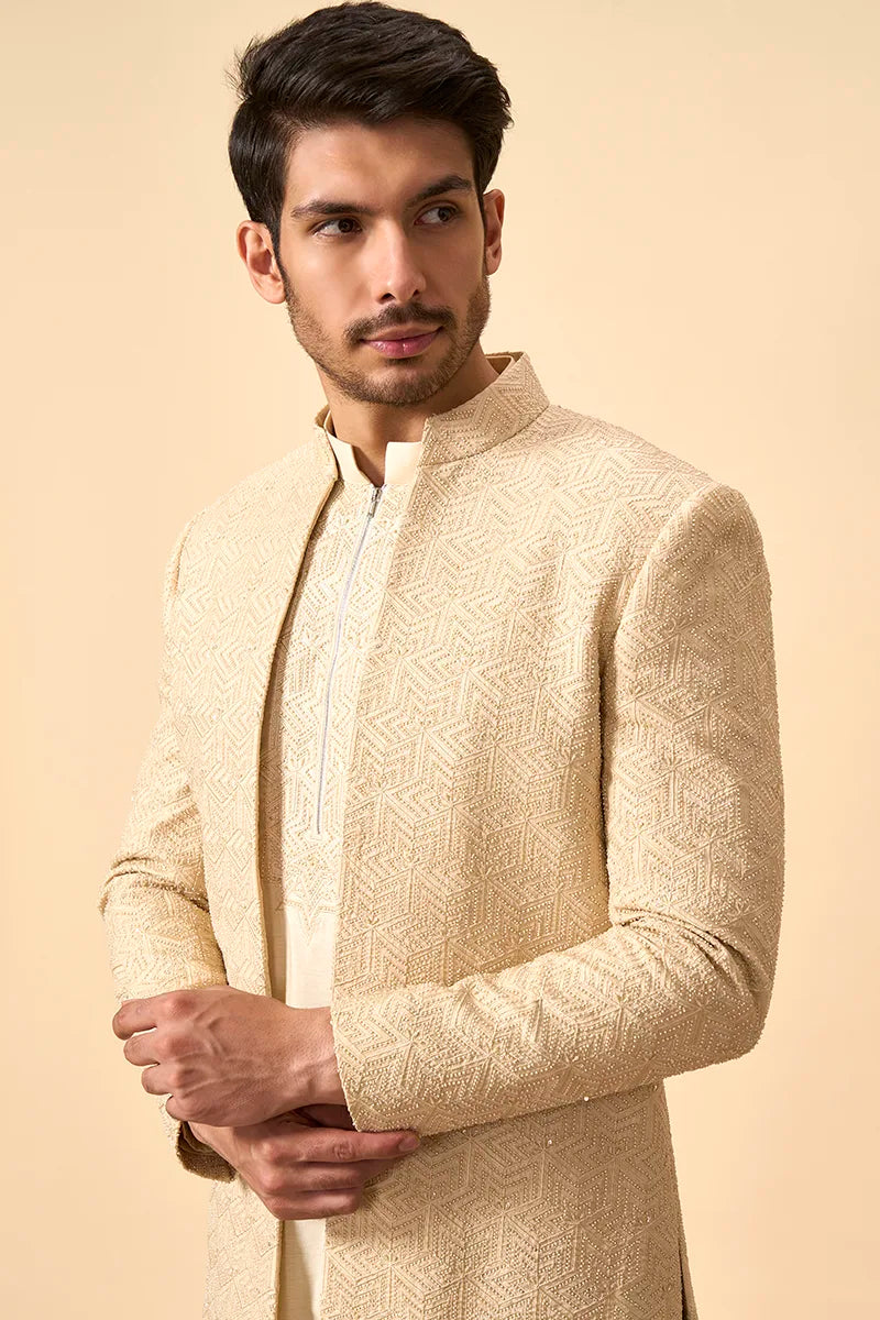 Beige colour Resham & Moti Embroidered Indo-Western Jacket Set