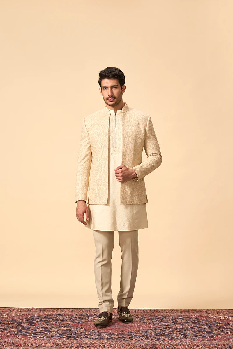 Beige colour Resham & Moti Embroidered Indo-Western Jacket Set