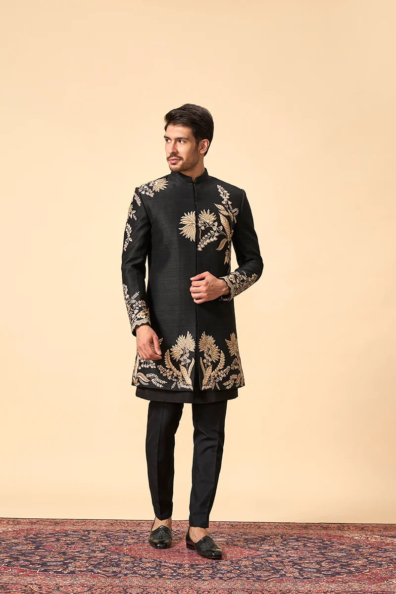 Black Raw Silk Indo-Western Set with Resham & Zari Embroidery