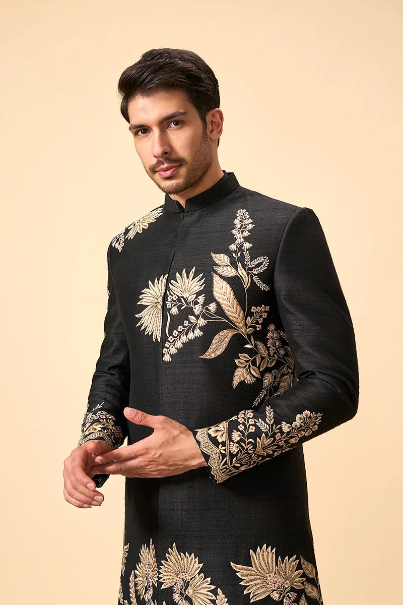 Black Raw Silk Indo-Western Set with Resham & Zari Embroidery