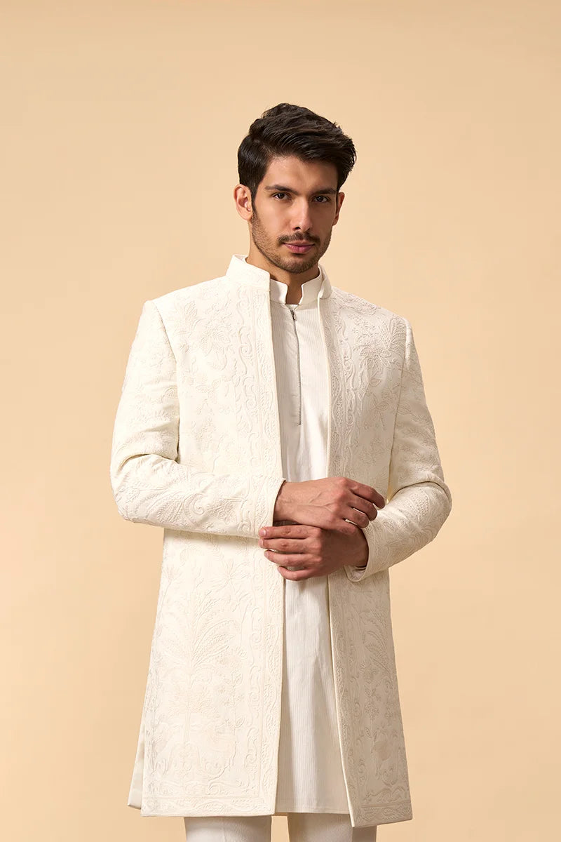 Ivory Resham-Embroidered Silk Indo-Western Set