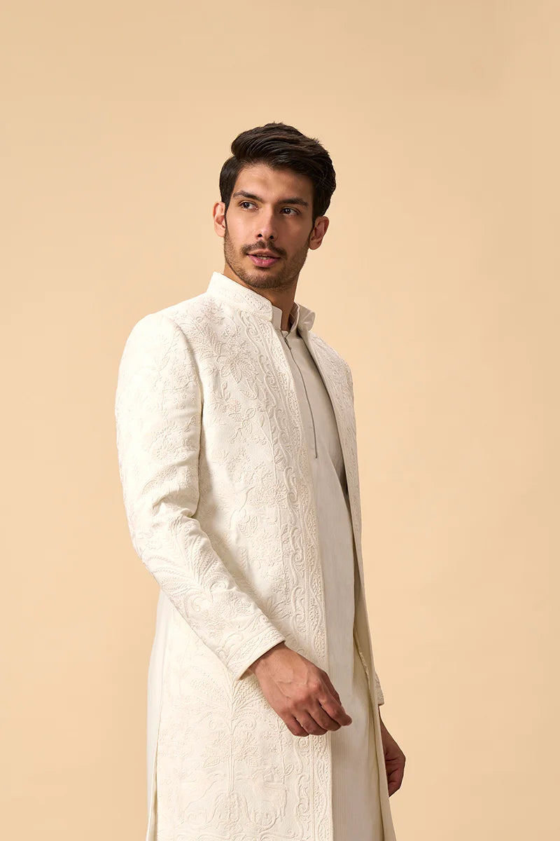 Ivory Resham-Embroidered Silk Indo-Western Set