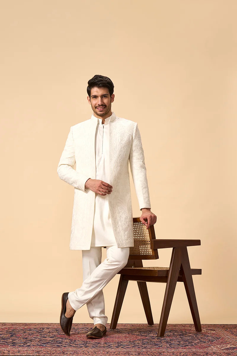 Ivory Resham-Embroidered Silk Indo-Western Set