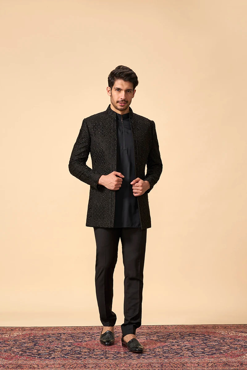 Black Matka Silk Indo western set with Resham & Bead Embroidery