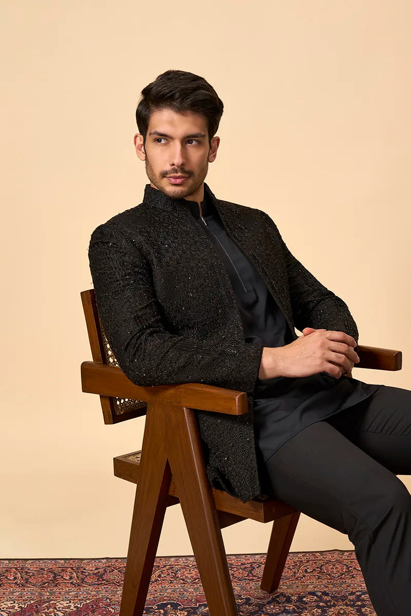 Black Matka Silk Indo western set with Resham & Bead Embroidery