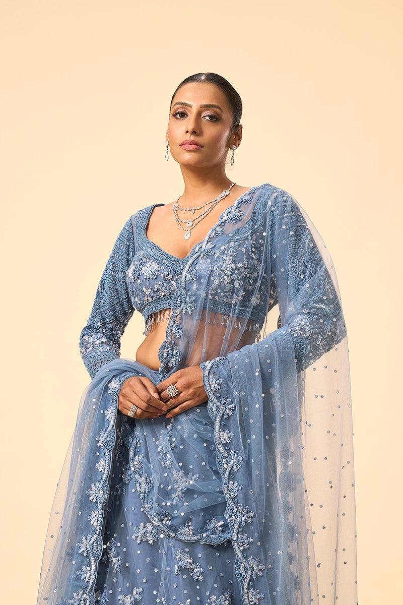 Powder Blue Floral Sequin & Beadwork Lehenga