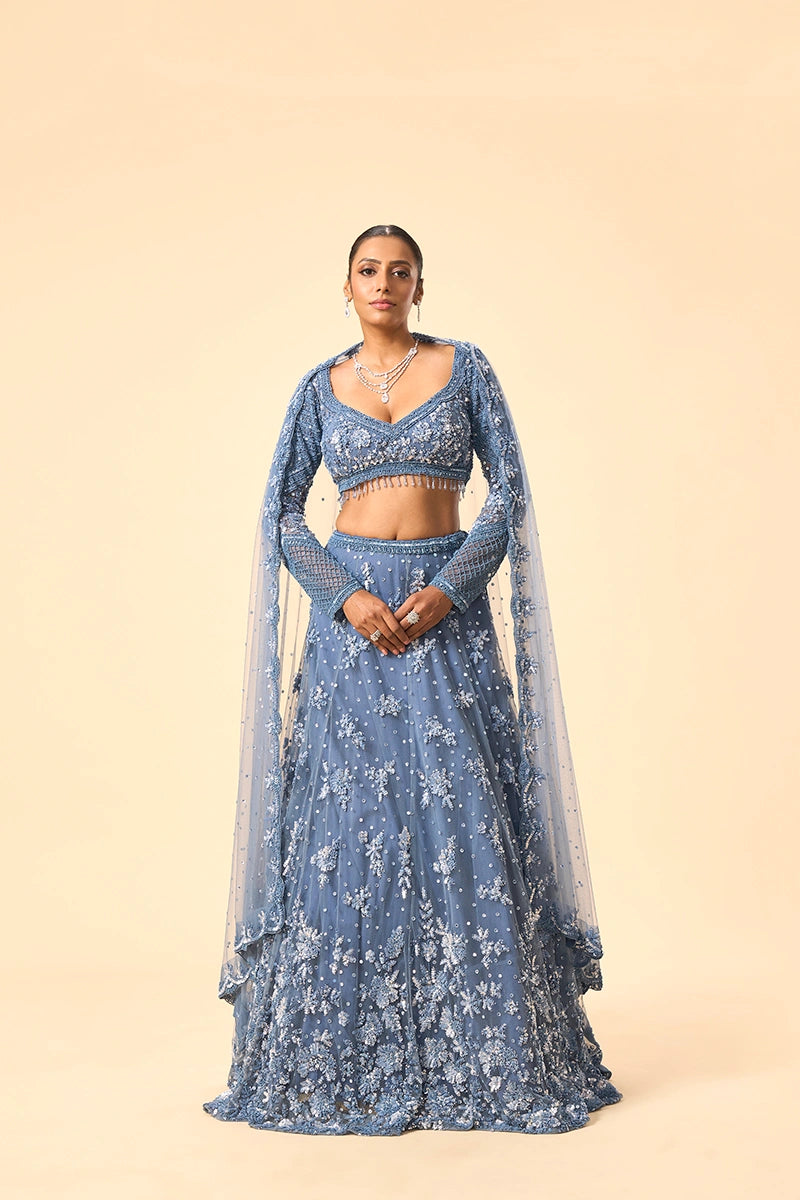 Powder Blue Floral Sequin & Beadwork Lehenga