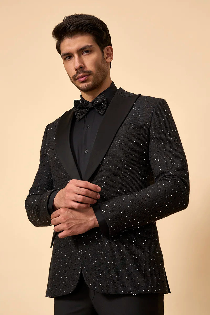 Black Jute Silk Self-Embroidered Tuxedo
