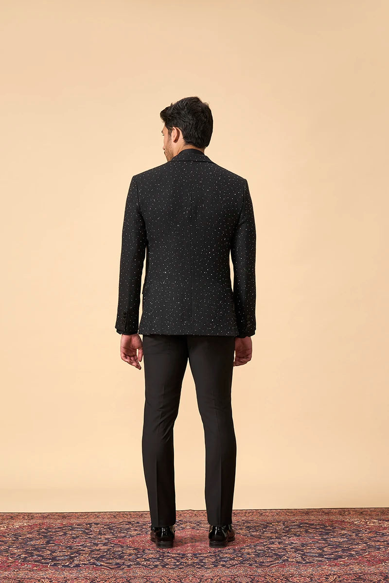 Black Jute Silk Self-Embroidered Tuxedo