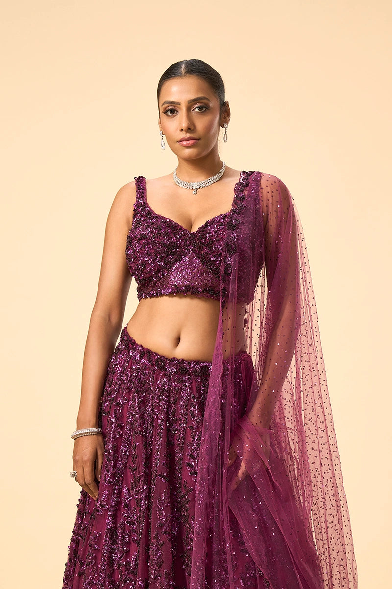 Wine Floral Sequin Hand-Embroidered Lehenga with Dupatta