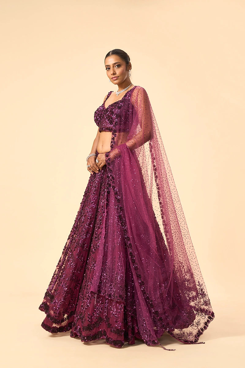 Wine Floral Sequin Hand-Embroidered Lehenga with Dupatta