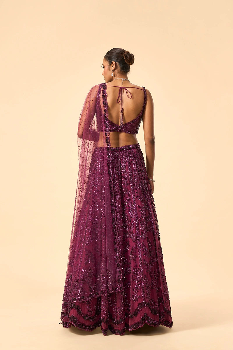 Wine Floral Sequin Hand-Embroidered Lehenga with Dupatta