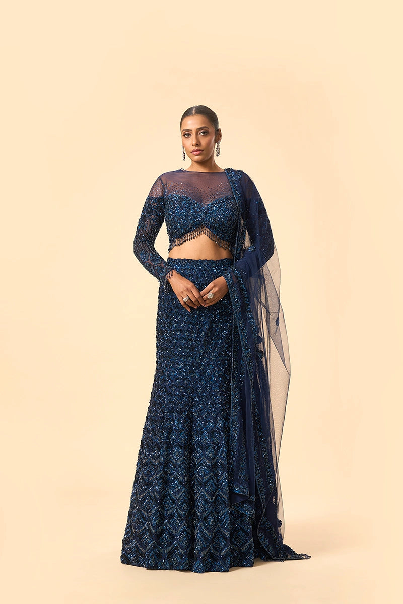 Electric Blue Katdana & Sequin Embellished Net Lehenga Set