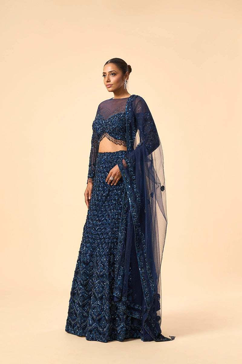 Electric Blue Katdana & Sequin Embellished Net Lehenga Set